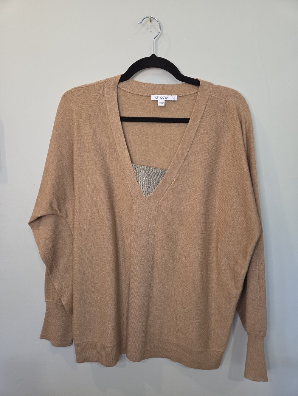 Chico's Size Large Camel Tan Sweater Metal Mesh Detail Cashmere Blend
